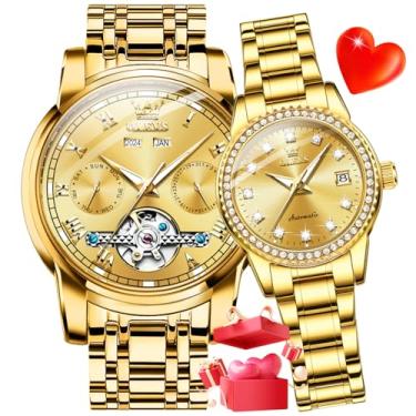 Imagem de OLEVS Conjunto de relógios de pulso românticos para homens e mulheres combinando automaticamente para ele e para ela, 6607CP: ouro, Relógio social