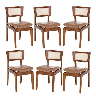 Imagem de Kit 6 Cadeiras De Jantar Portugal Em Madeira Imbuia Com Tela Rattan Impermeável Caramelo L85