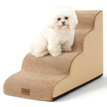 Imagem de COZY KISS Escada para Cães de Pequenos, Degrau Curvo para Filhotes, Gatos Idosos ou Rampa para Média Porte, Ideal para Sofá, Poltrona ou Cama, Escada em Espuma, 4 Degraus 40x72x50cm, Castanho Claro