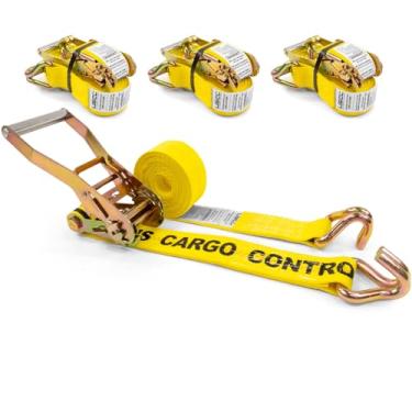 Imagem de Cinta com catraca US Cargo Control, 5 cm x 3,6 m, 4 unidades, 4,5 t de resistência à ruptura, resistente, ganchos duplos de arame em J, amarração de carga para reboque plataforma e caminhão