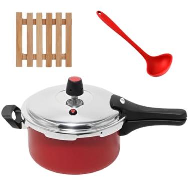 Imagem de Panela de Pressão 3 Litros Antiaderente Fechamento Externo + Descanso Quadrado + Concha de Silicone Vermelha