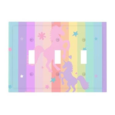 Imagem de Linda capa de interruptor de luz roxa rosa arco-íris unicórnio 3 gangues placa de parede de interruptor elétrico decorativo para berçário, meninas, meninos, quarto de crianças, decoração de casa