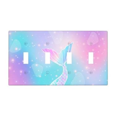 Imagem de Capa de interruptor de luz quadriciclo sereia com cauda de arco-íris escamas de água-viva, placa de parede de 4 gangues, capas decorativas para berçário, meninas, meninos, quarto de crianças,