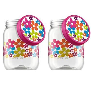 Imagem de 2 Pote Plástico Decorado Morango Margarida 1L Porta Mantimentos Multiu