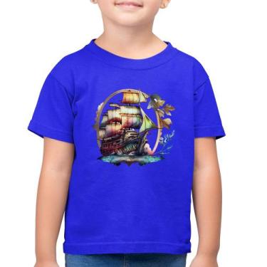 Imagem de Camiseta Algodão Infantil Navio e Flores - Foca na Moda, Azul royal, 4