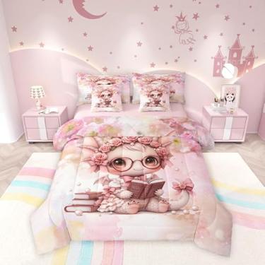 Imagem de Jogo de cama solteiro com estampa de dragão kawaii, fofo, flor rosa, laço e laço para decoração de quarto, fantasia de animais mágicos, para meninos e meninas, supermacio, resistente ao desbotamento