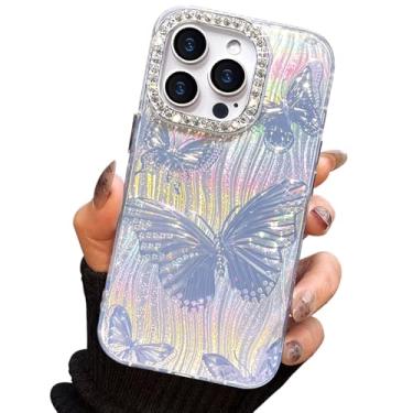 Imagem de I-MGAE-IN-AR Capa compacta para iPhone 15 Pro com design de borboleta, moldura de proteção de lente de câmera de diamante 3D, capa protetora de TPU macia e macia à prova de choque para mulheres