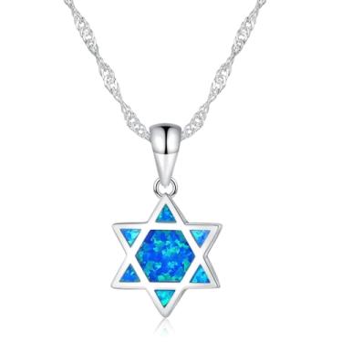 Imagem de CiNily Colar de estrela de Davi para mulheres e homens, ouro branco 14 k com pingente de opala dupla face, pingente de estrela judaica, pingente de estrela hexagonal, presentes de Hanukkah, latão