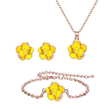 Imagem de EleQueen Conjunto de pulseira de colar e brincos de flor rosa banhado a ouro 18 quilates conjuntos de joias hipoalergênicos presente para mulheres meninas, Esmalte, Esmalte