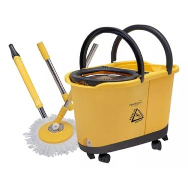 Imagem de Mop 2 Águas Perfect Pró Giratório 360 Aço Inox Esfregão COM RODINHA 10 Litros (Amaelo)