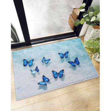 Imagem de Capacho para ambientes internos, oceano, praia, azul, borboleta, tapete felpudo com fundo antiderrapante, cenário costeiro de verão, lavável na máquina, tapete de pelúcia para cozinha, berçário