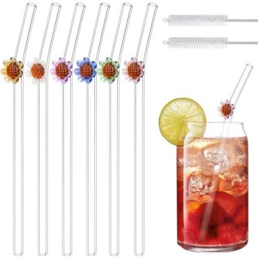 Imagem de Canudos de vidro reutilizáveis 6 canudos coloridos de borossilicato dobrados de girassol com escovas de limpeza, design floral grosso resistente ao calor para copos, vitaminas, embrulhado para