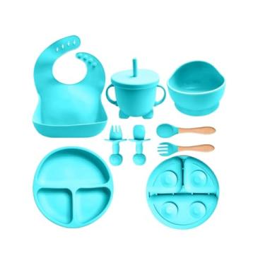 Imagem de Kit Alimentação Bebê em Silicone, 8 Peças, Inclui Babador, Tigelas com Ventosa, Talheres e Copo com Alça. (Verde claro)