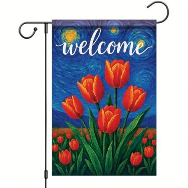 Imagem de Starlit Patio Van Gogh Bandeira de jardim tulipas laranja dupla face artes clássicas estrela noite bandeira fazenda céu lua quintal bandeira 12x18 polegadas banners decoração casa exterior