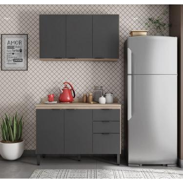 Imagem de Kit Cozinha Firenze 3 peças Balcão 120m com Tampo MDP E Armário 3 Portas Suspenso - Avena Touch/ Grafito Demóbile 
