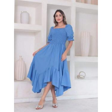 Imagem de Vestido midi de ponta liso crepinho lastex  Manga Curto - NoBrand, Azu