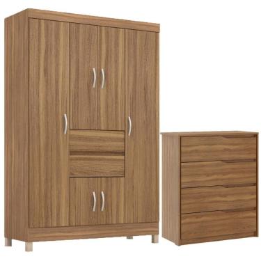 Imagem de Kit Guarda Roupa Solteiro 6 Portas Ecom Ii Cômoda Atria Amêndola Touch