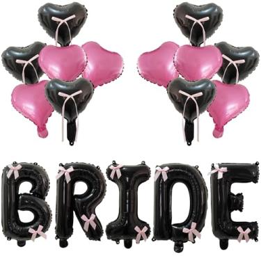 Imagem de Conjunto de pano de fundo de chá de panela romântico moderno preto e rosa - Balões de alumínio de 40 cm com laços sonhadores pré-instalados + 12 balões de coração perfeitos para decoração de chá de