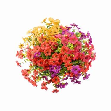 Imagem de HARSOML Flores artificiais ao ar livre, 12 pacotes de flores falsas, decoração de verão, arbustos de plástico falso que não desbotam para decoração de caixa de janela e varanda (fúcsia, amarelo rosa