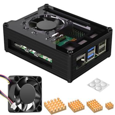 Imagem de Smraza Capa para Raspberry Pi 5 com ventilador: ventilador de refrigeração de 40 mm e 4 peças dissipadores de calor de cobre para Pi5 modelo B 8 GB 4 GB, suporte para cooler ativo oficial Pi 5 (a