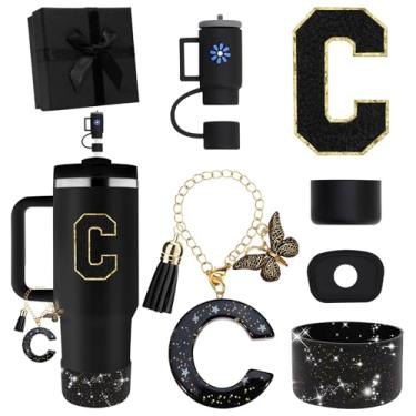 Imagem de Miglaja Acessórios pretos para copos Stanley 850.5 g 1,134.0 g, todos os acessórios caixa de presente contêm topo de palha de flor, bota de silicone, adesivos de letras e pingentes, conjunto de tampa