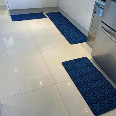Imagem de Kit Jogo De Cozinha Carpete Geométrico Elegante 3 Peças Azul