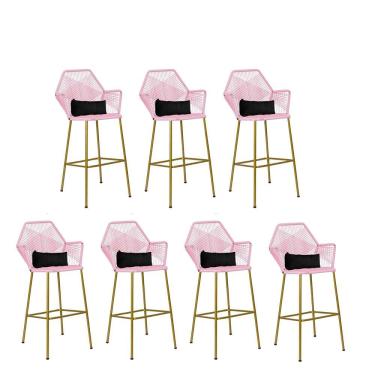Imagem de Kit 07 Banqueta Alta Sttar Ferro Dourado Fibra Rosa Bebê Almofada Suede Preto - Amey Decor