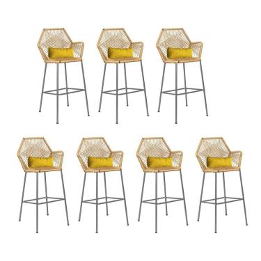 Imagem de Kit 07 Banqueta Alta Sttar Ferro Prata Fibra Palha Almofada Suede Amarelo - Amey Decor