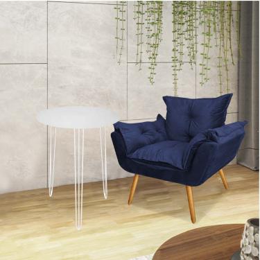 Imagem de Kit Poltrona Opala Com Mesa Roma Ferro Branco Tampo Redondo Branco Sintético Azul Marinho