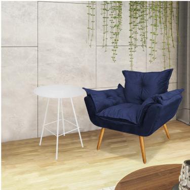 Imagem de Kit Poltrona Opala Com Mesa Ferro Branco Tampo Redondo Branco Suede Azul Marinho