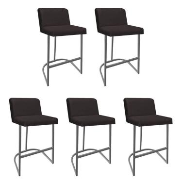 Imagem de Kit 05 Banquetas Com Encosto Noah Luxo Confort Bistrô Cozinha Ferro Cinza Sintético Marrom