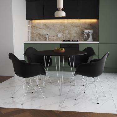 Imagem de Mesa Jantar Redonda 90Cm Preta Clips 3 Pés Com 4 Poltronas Pretas Ferro Branco Preto