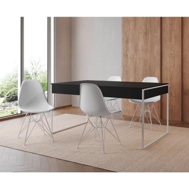 Imagem de Mesa Jantar Industrial Retangular Preta 137X90Cm Com 4 Cadeiras Brancas Base Ferro Cor: Preto