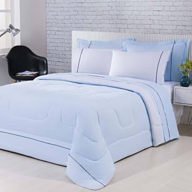 Imagem de Kit Edredom 100% Algodão Percal 150 Fios Dupla King + Jogo De Cama Gran Moratta 7 Peças Branco- Azul