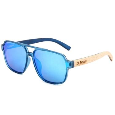 Imagem de Óculos De Sol Unissex Quadrado Design Madeira Polarizado Com Proteção Uv400 Azul