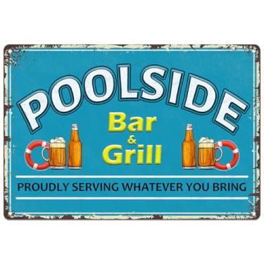 Imagem de Placa decorativa de bar e churrasqueira, decoração de piscina, placas de metal duráveis ao ar livre, placa para praia, casa, bar, piscina, deck de quintal, cerca, paredes, 30 x 20 cm, placa suspensa