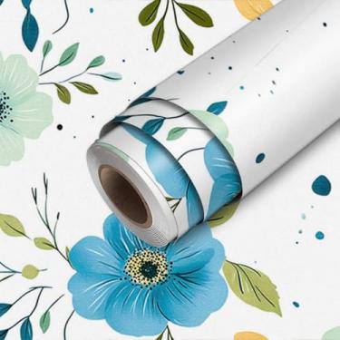 Imagem de HOMETITUTE Papel de parede floral azul verde descasque e cole aquarela flor contato papel de parede bastão de papel de parede 45 cm x 300 cm cobertura de parede de vinil autoadesivo para decoração de