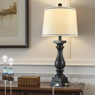 Imagem de MOUVOVO Luminárias De Mesa Estilo Fazenda 28" Com Portas Usb C+A E Tomada Ca, Cabeceira Rústica Controle Toque 3 Vias Para Quarto, Vintage Preta Sala Estar Escritório