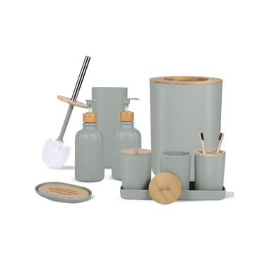 Imagem de SMUFFBUQ Conjunto De 9 Acessórios Plástico Verde Para Banheiro, Porta-Escova Vaso Sanitário, Dispensador Sabão, Dentes, Lixeira Com (Capa Bambu)