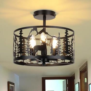 Imagem de CLARSYNE Luminária De Teto Semi-Embutida Rústica Preta - Metal Com 3 Luzes E Design Veado Floresta, Lustre Industrial Moderno Fazenda Para Cozinha, Quarto, Corredor, Sala Jantar