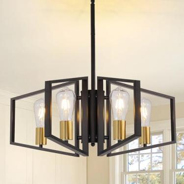 Imagem de WJShome Lustre Preto E Dourado, Luminárias Geométricas De Teto Com Lanterna 4 Luzes, Sala Jantar Sobre A Mesa, Pendentes Modernas Estilo Fazenda Para Ilha Cozinha, Quarto, Hall Entrada, Entrada