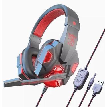 Imagem de FKLBBLPM Fone de ouvido para jogos com microfone, som surround 7.1, luzes LED, vermelho e cinza