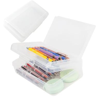 Imagem de Estojo de lápis, caixa de lápis de plástico de grande capacidade de camada dupla, caixa de giz de cera transparente, caixas de canetas rígidas com tampa de encaixe, caixa organizadora de marcadores de