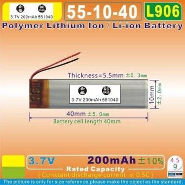Imagem de Bateria 3,7v  200mah 551040 2 fios 5,5mm x 10mm x 40mm - bgb