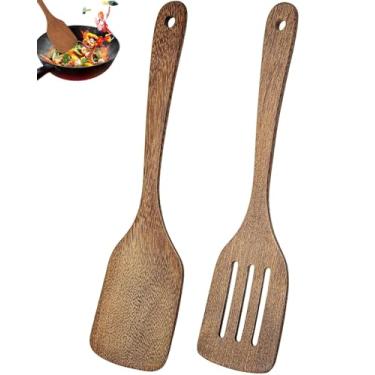 Imagem de Espátula de madeira para cozinhar, espátula de madeira de 30,5 cm, torneira, utensílios de cozinha antiaderentes, espátulas de cozinha para peixes, ovos, panquecas, pacote com 2
