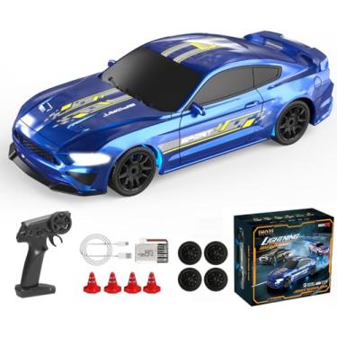Imagem de Moonzeamus 1/43 Mini RC Drift Car 2.4G Full-Proportional 4WD MetalChassis 15KM/H High Speed RC Racing Car Model with LED Lights and Barricade Barrels RTR (Blue)