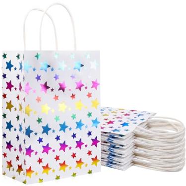 Imagem de ASONA Pacote com 24 sacos de lembrancinha de festa com estrelas arco-íris de folha dourada, sacos de presente Kraft com alças para casamento, aniversário, formatura, chá de bebê, sacolas de presente a