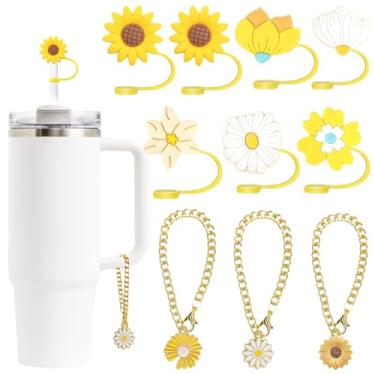 Imagem de SCRMROIA Conjunto de tampas de palha de flores e berloques de alça de garrafa, capas de silicone macio, adequado para canudos de 10 mm, chaveiro dourado, compatível com Stanley Cup 30 e 1,134 g