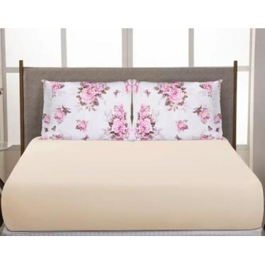 Imagem de Jogo De Lençol Elástico Casal Padrão Box 3 Peças 200 Fios Rosas Palha 