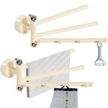 Imagem de EHERDM 2 peças de barra de toalha com ventosa giratória, 3 braços giratórios, rotação de 270°, suporte de pano para gotejamento e seco, suporte multifuncional para banheiro e cozinha, acessórios bege